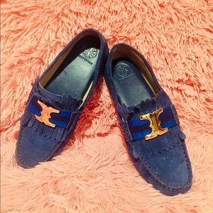 Tory Burch Blue Suede Loafers with Gold Accent